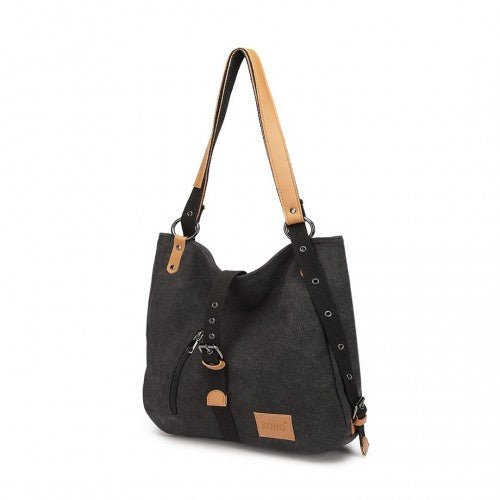 E6850 - Kono Canvas Hobo Slouch Shoulder Bag and Backpack - Black - Easy Luggage