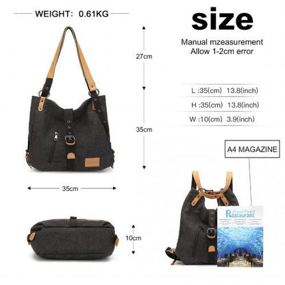 E6850 - Kono Canvas Hobo Slouch Shoulder Bag and Backpack - Black - Easy Luggage