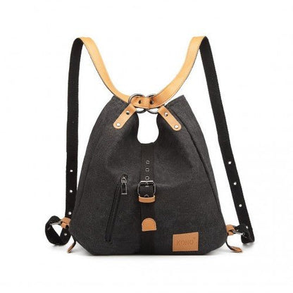 E6850 - Kono Canvas Hobo Slouch Shoulder Bag and Backpack - Black - Easy Luggage