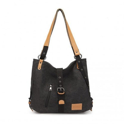 E6850 - Kono Canvas Hobo Slouch Shoulder Bag and Backpack - Black - Easy Luggage