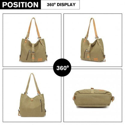 E6850 - Kono Canvas Hobo Slouch Shoulder Bag and Backpack - Khaki - Easy Luggage