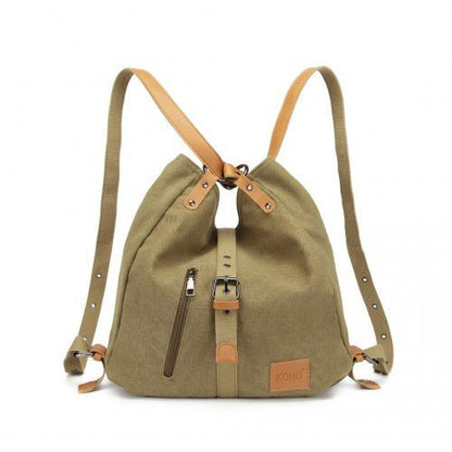 E6850 - Kono Canvas Hobo Slouch Shoulder Bag and Backpack - Khaki - Easy Luggage