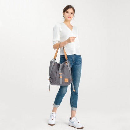 E6850 - Kono Canvas Hobo Slouch Shoulder Bag and Backpack - Khaki - Easy Luggage