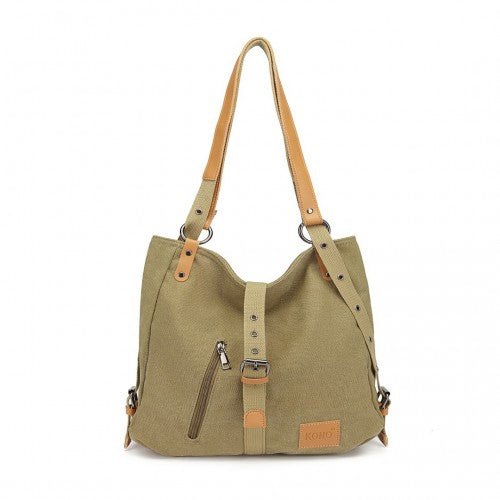 E6850 - Kono Canvas Hobo Slouch Shoulder Bag and Backpack - Khaki - Easy Luggage