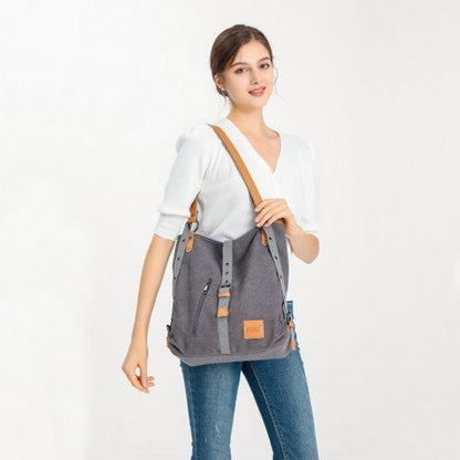 E6850 - Kono Canvas Hobo Slouch Shoulder Bag and Backpack - Khaki - Easy Luggage