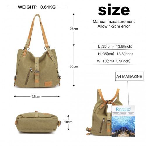 E6850 - Kono Canvas Hobo Slouch Shoulder Bag and Backpack - Khaki - Easy Luggage