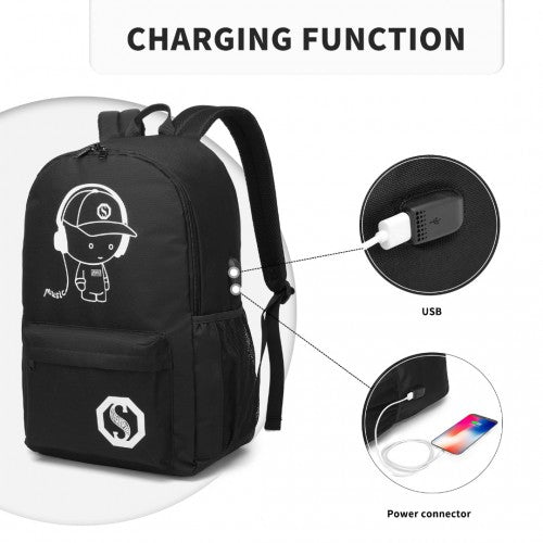 E6879 - Kono Glow In The Dark Waterproof USB Charging Backpack With Pencil Case - Black - Easy Luggage