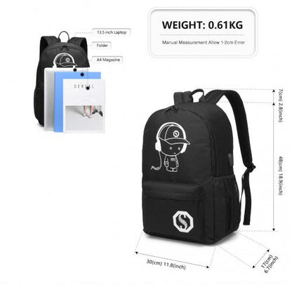 E6879 - Kono Glow In The Dark Waterproof USB Charging Backpack With Pencil Case - Black - Easy Luggage