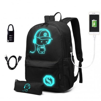 E6879 - Kono Glow In The Dark Waterproof USB Charging Backpack With Pencil Case - Black - Easy Luggage