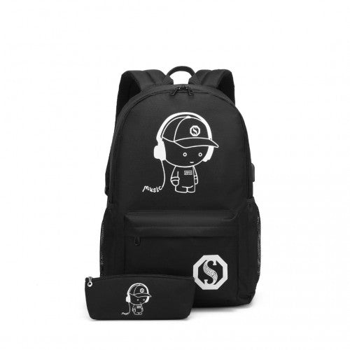 E6879 - Kono Glow In The Dark Waterproof USB Charging Backpack With Pencil Case - Black - Easy Luggage