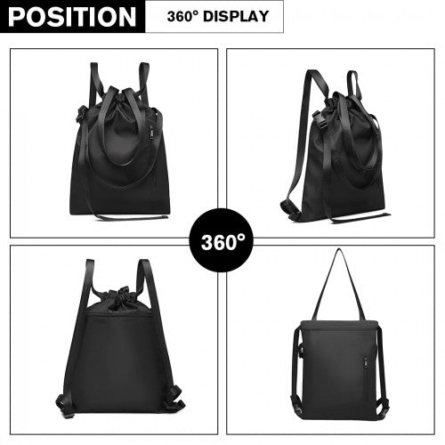E6912 - Kono Nylon Multi Way Drawstring Backpack Shoulder Bag - Black - Easy Luggage