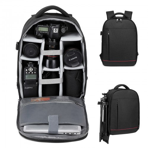 E6928 - Kono Water Resistant Shockproof DSLR Camera Backpack - Black - Easy Luggage