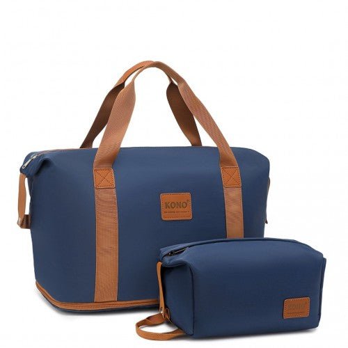 EA2212 - Kono Two Pieces Expandable Durable Waterproof Travel Duffel Bag Set - Navy And Brown - Easy Luggage