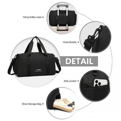 EA2305 - Kono Waterproof Duffel Bag Lightweight Sports Gym Bag With Shoes Compartment - Black - Easy Luggage