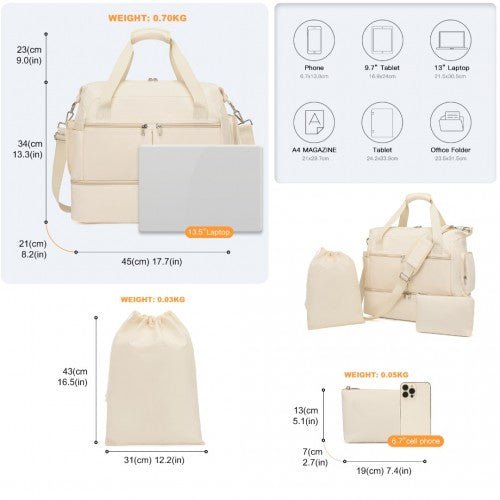 EA2348 - Kono Waterproof Multi - Pocket Travel Duffel Bag Set With Dedicated Shoe Compartment - Beige - Easy Luggage