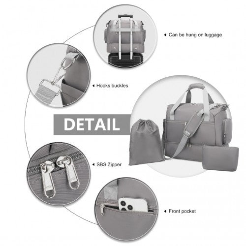 EA2348 - Kono Waterproof Multi - Pocket Travel Duffel Bag Set With Dedicated Shoe Compartment - Grey - Easy Luggage