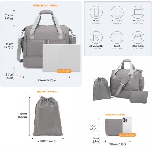 EA2348 - Kono Waterproof Multi - Pocket Travel Duffel Bag Set With Dedicated Shoe Compartment - Grey - Easy Luggage