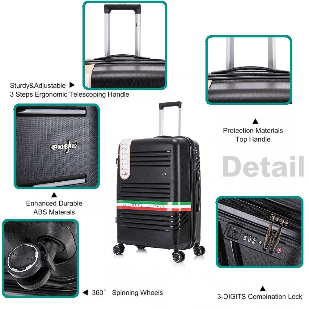 Eagle Hard Shell PP Suitcase Expandable Trolley Travel Case TSA Hand Cabin Black - Easy Luggage