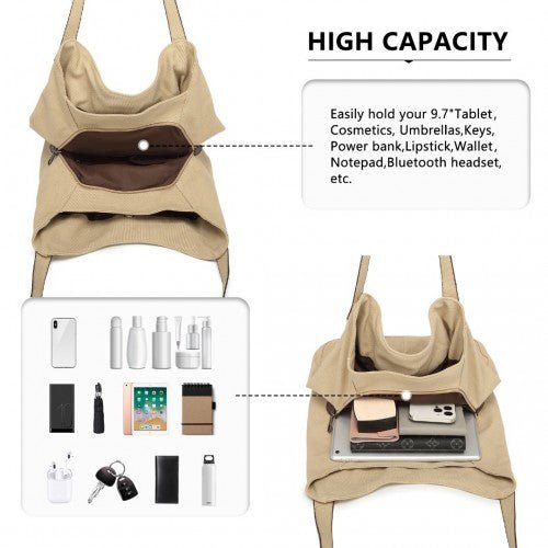 EB2040L - Kono Canvas Shoulder Tote Bag - Khaki - Easy Luggage