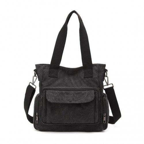 EB2125 - Kono Large Capacity Multi Compartment Canvas Crossbody Tote Bag - Black - Easy Luggage