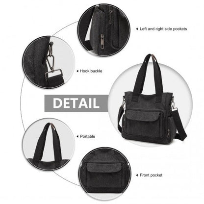 EB2125 - Kono Large Capacity Multi Compartment Canvas Crossbody Tote Bag - Black - Easy Luggage