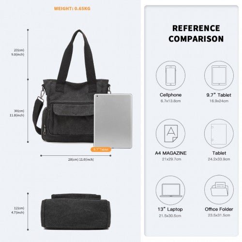 EB2125 - Kono Large Capacity Multi Compartment Canvas Crossbody Tote Bag - Black - Easy Luggage