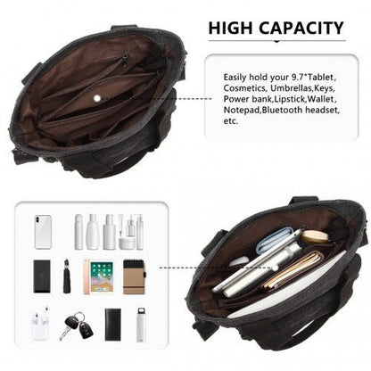 EB2125 - Kono Large Capacity Multi Compartment Canvas Crossbody Tote Bag - Black - Easy Luggage