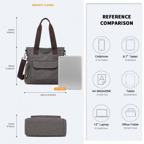 EB2125 - Kono Large Capacity Multi Compartment Canvas Crossbody Tote Bag - Grey - Easy Luggage