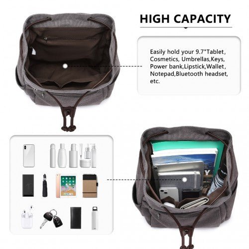 EB2233 - Kono Canvas Clamshell Drawstring School Backpack - Grey - Easy Luggage