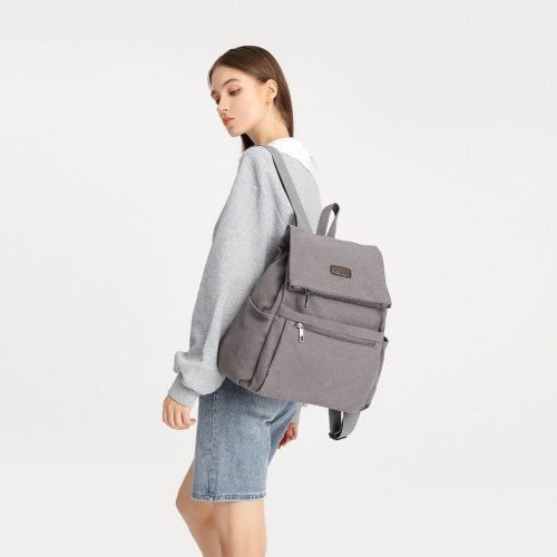 EB2233 - Kono Canvas Clamshell Drawstring School Backpack - Grey - Easy Luggage