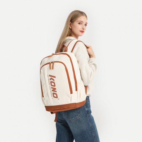 EB2325 - Kono Contrasting Colors Waterproof Casual Backpack With Laptop Compartment - Beige - Easy Luggage