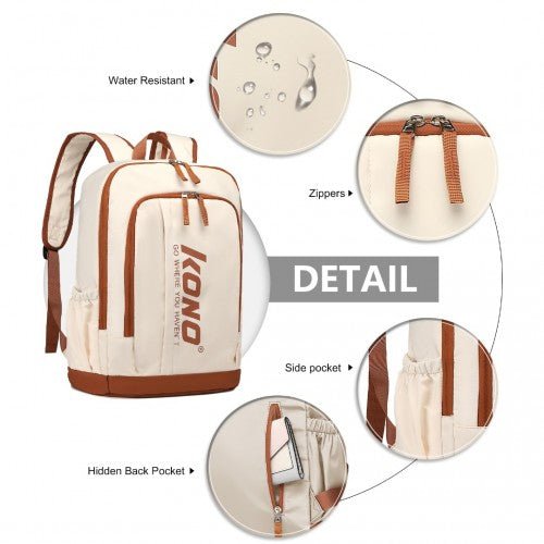 EB2325 - Kono Contrasting Colors Waterproof Casual Backpack With Laptop Compartment - Beige - Easy Luggage