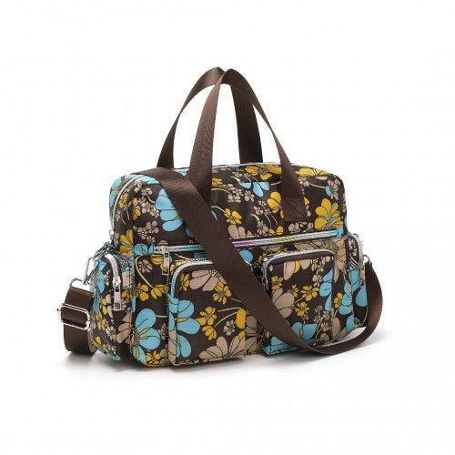 EB2351F - Kono Sleek Multi - Pocket Water - Resistant Crossbody Tote Bag With Flower Print - Brown - Easy Luggage