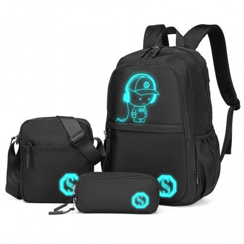 EB2363 - Kono Lightweight & Glow - in - the - Dark 3 - Piece Laptop Backpack Set with Crossbody Bag and Pencil Case - Black - Easy Luggage