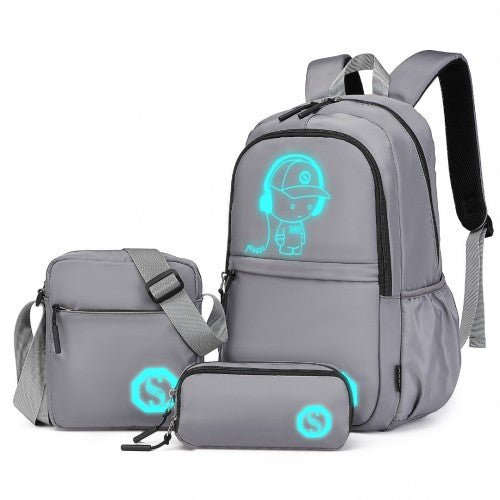 EB2363 - Kono Lightweight & Glow - in - the - Dark 3 - Piece Laptop Backpack Set with Crossbody Bag and Pencil Case - Grey - Easy Luggage