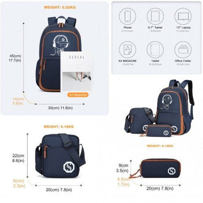 EB2363 - Kono Lightweight & Glow - in - the - Dark 3 - Piece Laptop Backpack Set with Crossbody Bag and Pencil Case - Navy And Brown - Easy Luggage