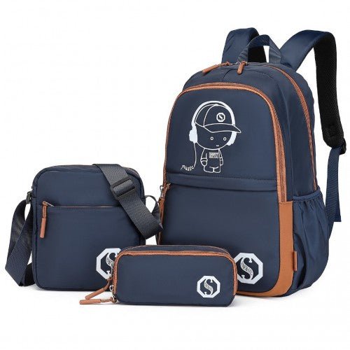 EB2363 - Kono Lightweight & Glow - in - the - Dark 3 - Piece Laptop Backpack Set with Crossbody Bag and Pencil Case - Navy And Brown - Easy Luggage