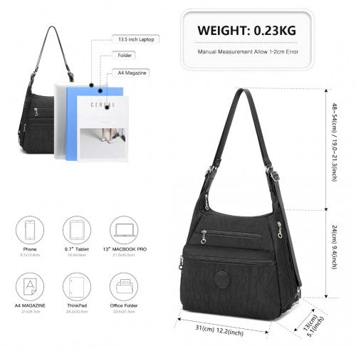 EH2063 - Kono Three Way Multipurpose Casual Shoulder Bag With Double Zippers - Black - Easy Luggage