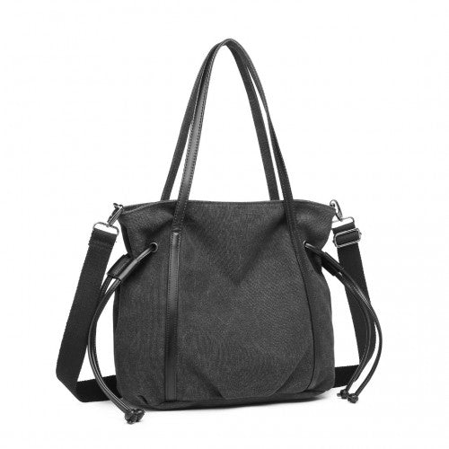 EH2220 - Kono Large Capacity Canvas And Leather Fusion Shoulder Tote Bag - Black - Easy Luggage