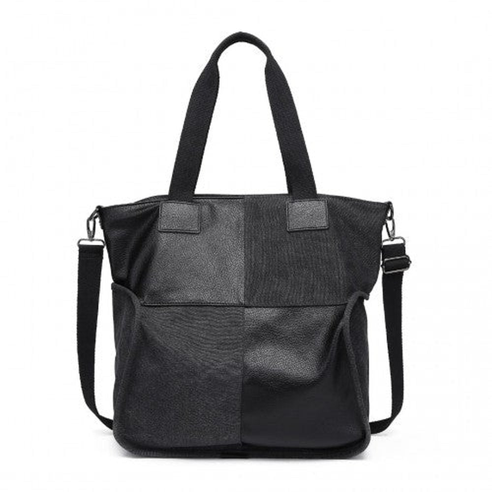 EH2221 - Kono Paneled Contrast Large Capacity Canvas Shoulder Bag - Black - Easy Luggage