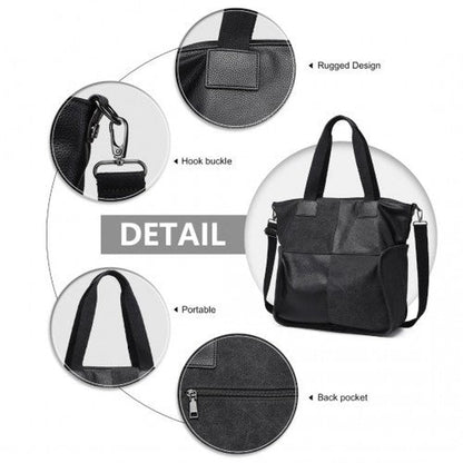 EH2221 - Kono Paneled Contrast Large Capacity Canvas Shoulder Bag - Black - Easy Luggage