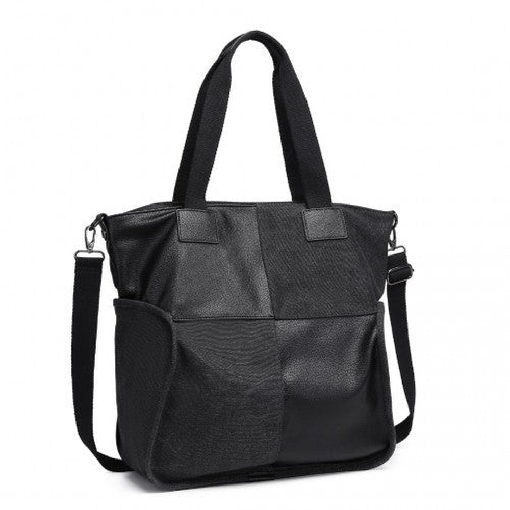 EH2221 - Kono Paneled Contrast Large Capacity Canvas Shoulder Bag - Black - Easy Luggage