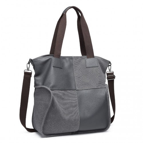 EH2221 - Kono Paneled Contrast Large Capacity Canvas Shoulder Bag - Grey - Easy Luggage