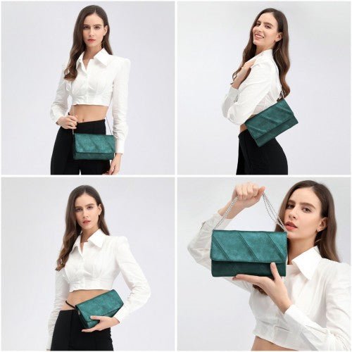 EH2257 - Miss Lulu Stylish Twill Clutch Leather Chain Evening Bag - Green - Easy Luggage