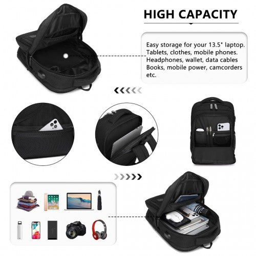 EM2111S - Kono Multi - Compartment Backpack with USB Port - Black - Easy Luggage