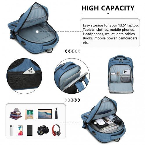 EM2111S - Kono Multi - Compartment Backpack with USB Port - Blue - Easy Luggage