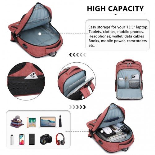 EM2111S - Kono Multi - Compartment Backpack with USB Port - Claret - Easy Luggage