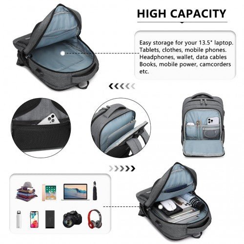 EM2111S - Kono Multi - Compartment Backpack with USB Port - Grey - Easy Luggage