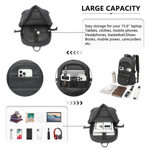 EM2347 - Kono Multi - Compartment Water - Resistant Backpack With USB Charging Port - Black - Easy Luggage