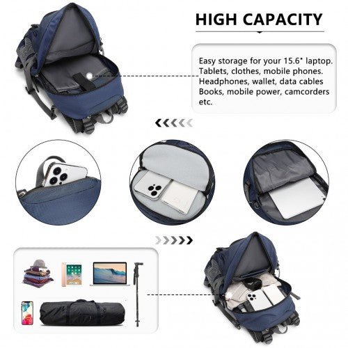 EQ2238 - Kono Multi Functional Outdoor Hiking Backpack With Rain Cover - Navy - Easy Luggage